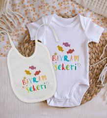 BK Kids Bayram Şekeri Tasarımlı Bebek Body Zıbın ve Mama Önlüğü Hediye Seti - Model 1