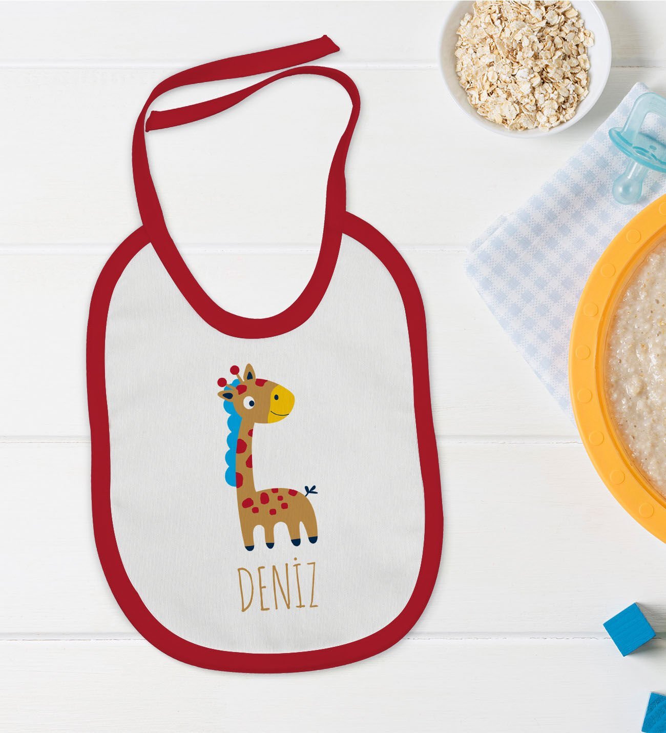BK Kids Kişiye Özel İsimli Kırmızı Bebek Mama Önlüğü-17