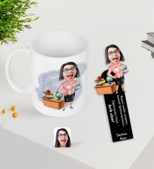 Kişiye Özel Kadın Öğretmen Karikatürlü Kupa Bardak ve Ahşap Kitap Ayracı-5