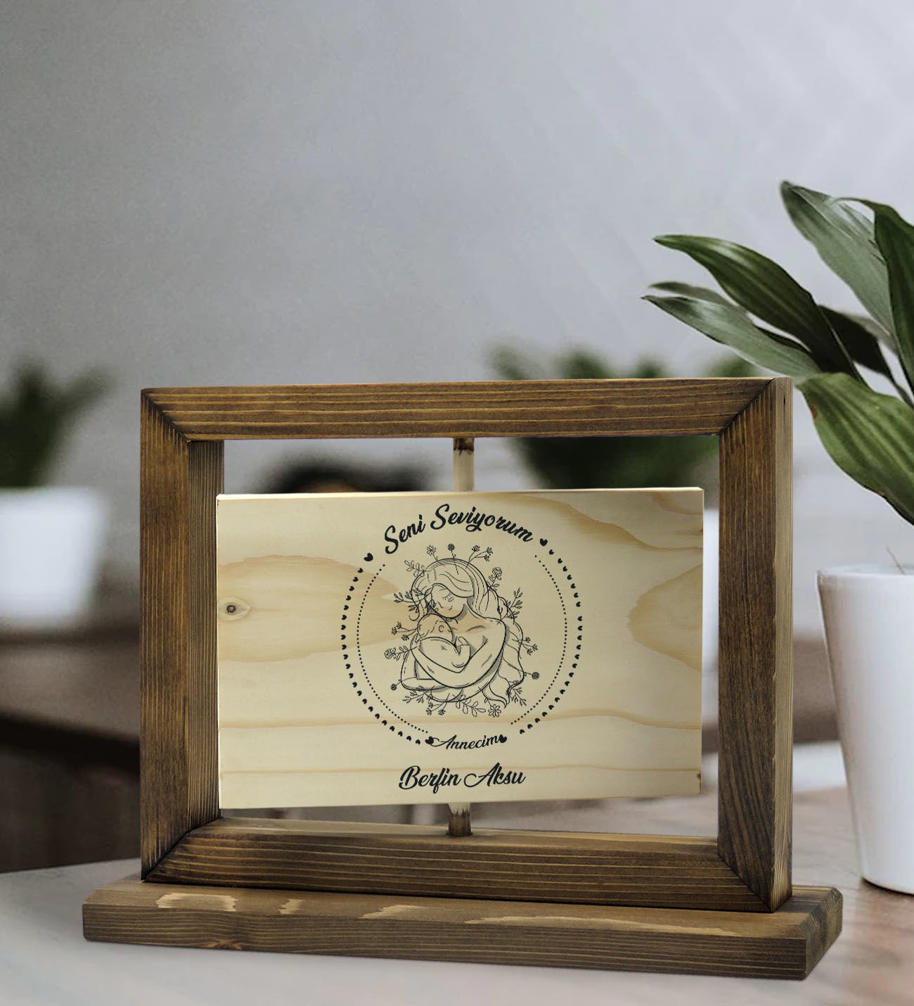 BK Gift Kişiye Özel İsimli Anneler Günü Tasarımlı Doğal Ahşap Dönen Fotoğraf Çerçevesi, Anneler Günü Hediyeleri, Ev Dekoru, Masaüstü Dekoru-8