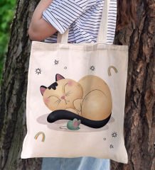 BK Gift Kedi Tasarımlı Kanvas Bez Çanta, Baskılı Omuz Çantası, Alışveriş Çantası, Plaj Çantası, Arkadaşa Hediye-7