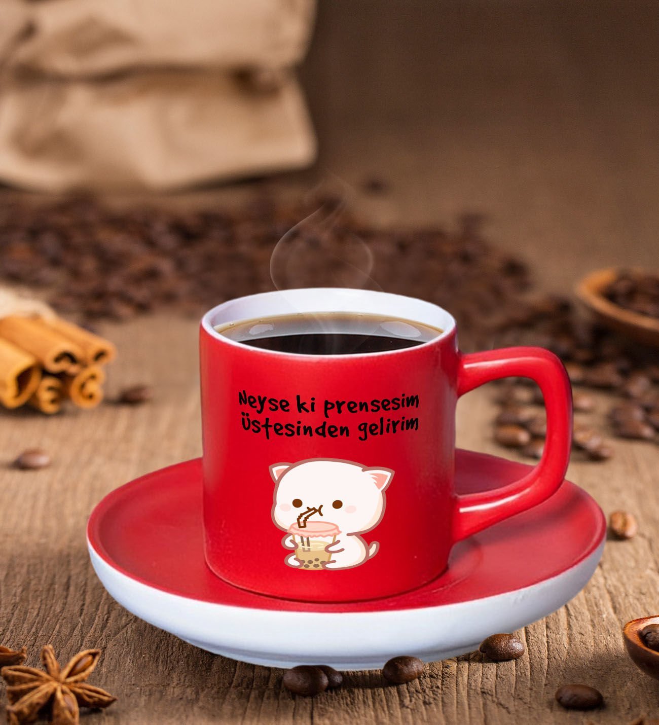 BK Gift Esprili Tasarımlı Mat Kırmızı Renk Türk Kahvesi Fincanı-4, Renkli Türk Kahvesi Fincanı