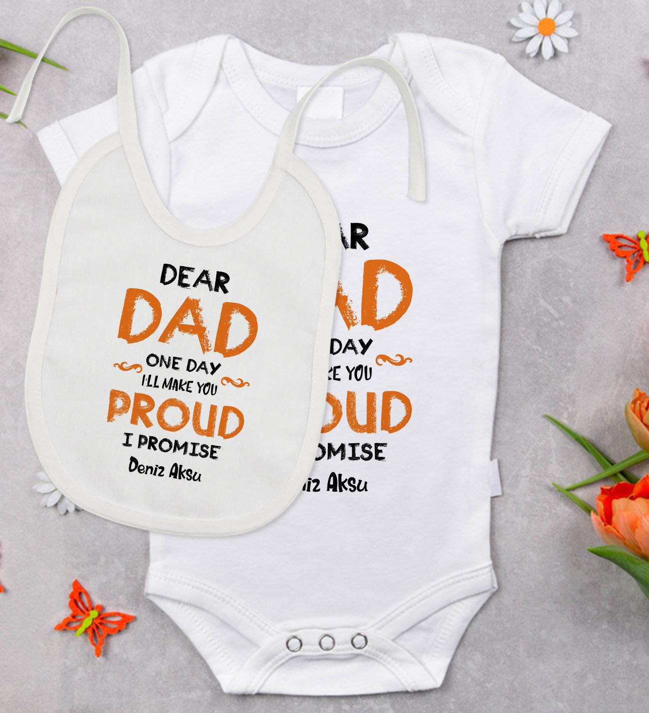 BK Kids Kişiye Özel Dear Dad Tasarımlı Bebek Body Zıbın ve Mama Önlüğü Hediye Seti - Model 1