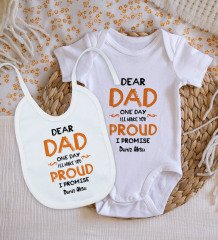 BK Kids Kişiye Özel Dear Dad Tasarımlı Bebek Body Zıbın ve Mama Önlüğü Hediye Seti - Model 1