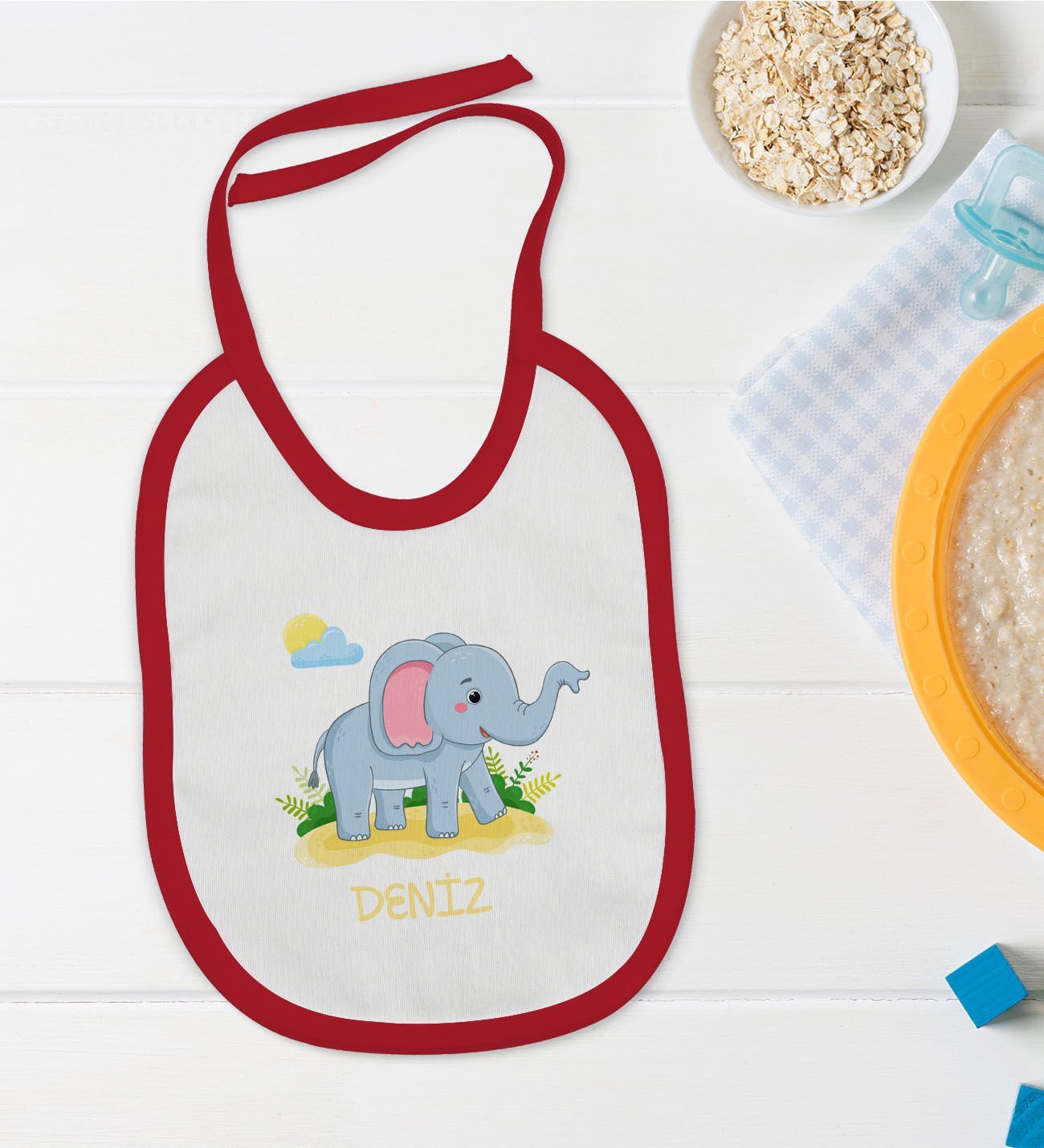 BK Kids Kişiye Özel İsimli Kırmızı Bebek Mama Önlüğü-19