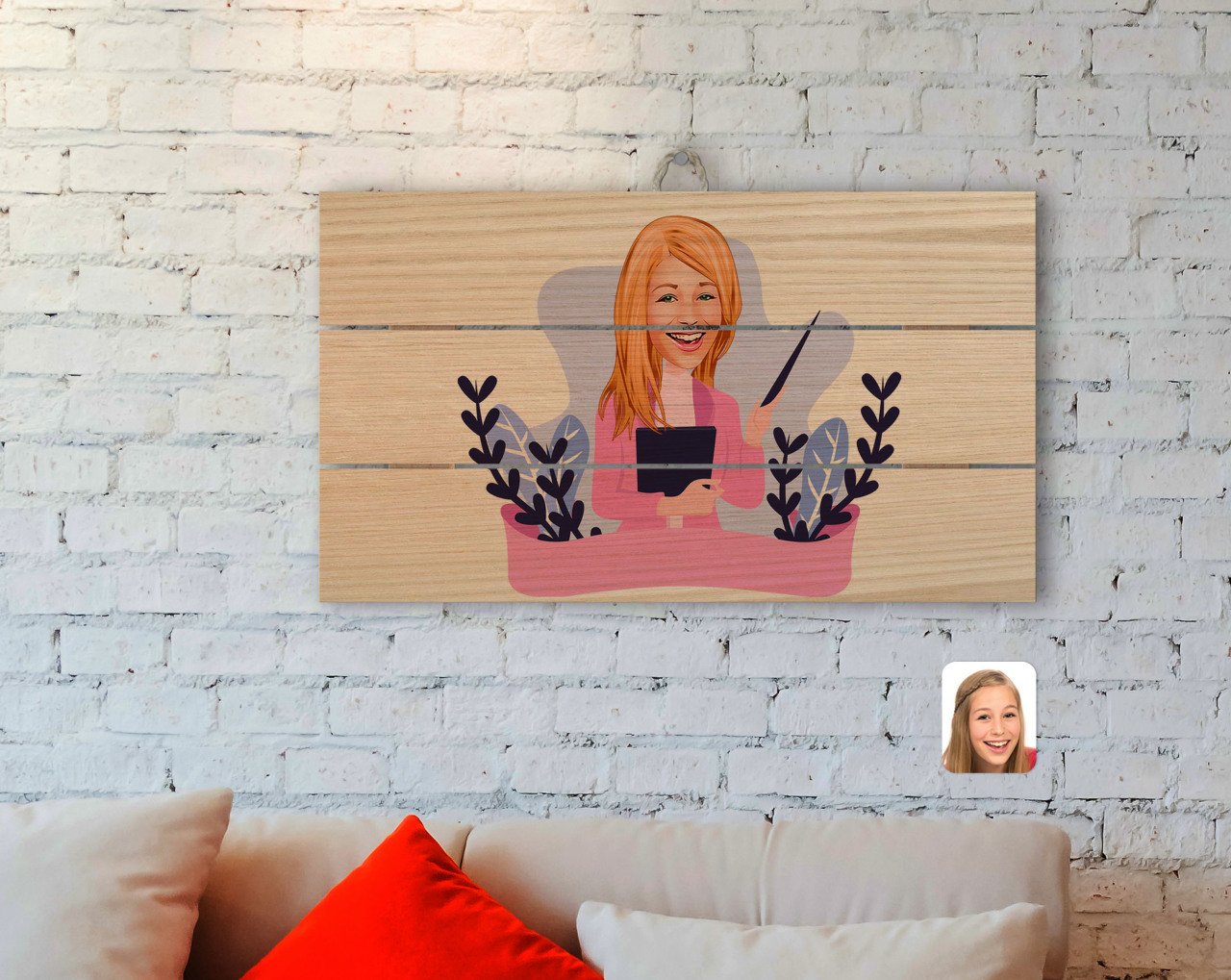 Kişiye Özel Kadın Sınıf Öğretmeni Karikatürlü Otantik Ahşap Palet Tablo-2