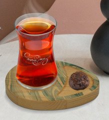Kişiye Özel Mermer Tasarımlı Doğal Ahşap Tabaklı Heybeli Çay Bardağı Sunum Seti Model 2