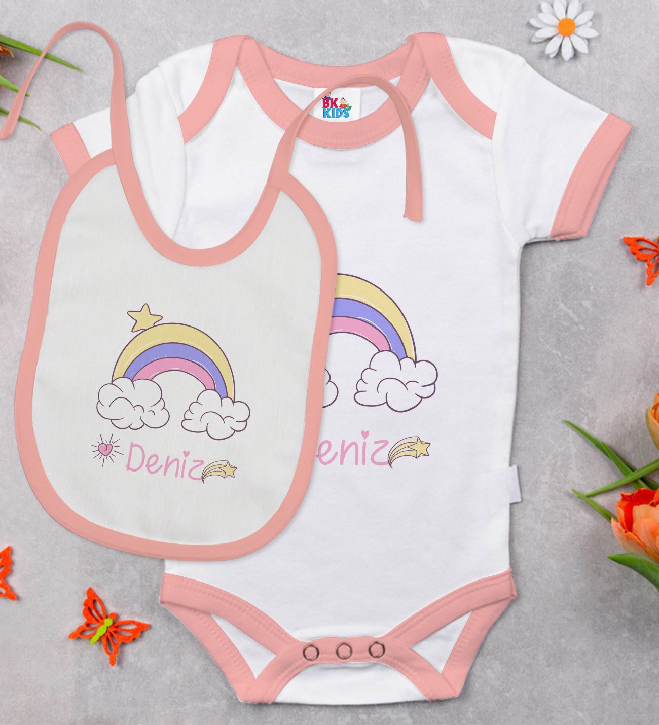 BK Kids Kişiye Özel İsimli Pembe Bebek Body Zıbın ve Mama Önlüğü Hediye Seti-23