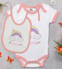 BK Kids Kişiye Özel İsimli Pembe Bebek Body Zıbın ve Mama Önlüğü Hediye Seti-23