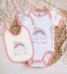 BK Kids Kişiye Özel İsimli Pembe Bebek Body Zıbın ve Mama Önlüğü Hediye Seti-23