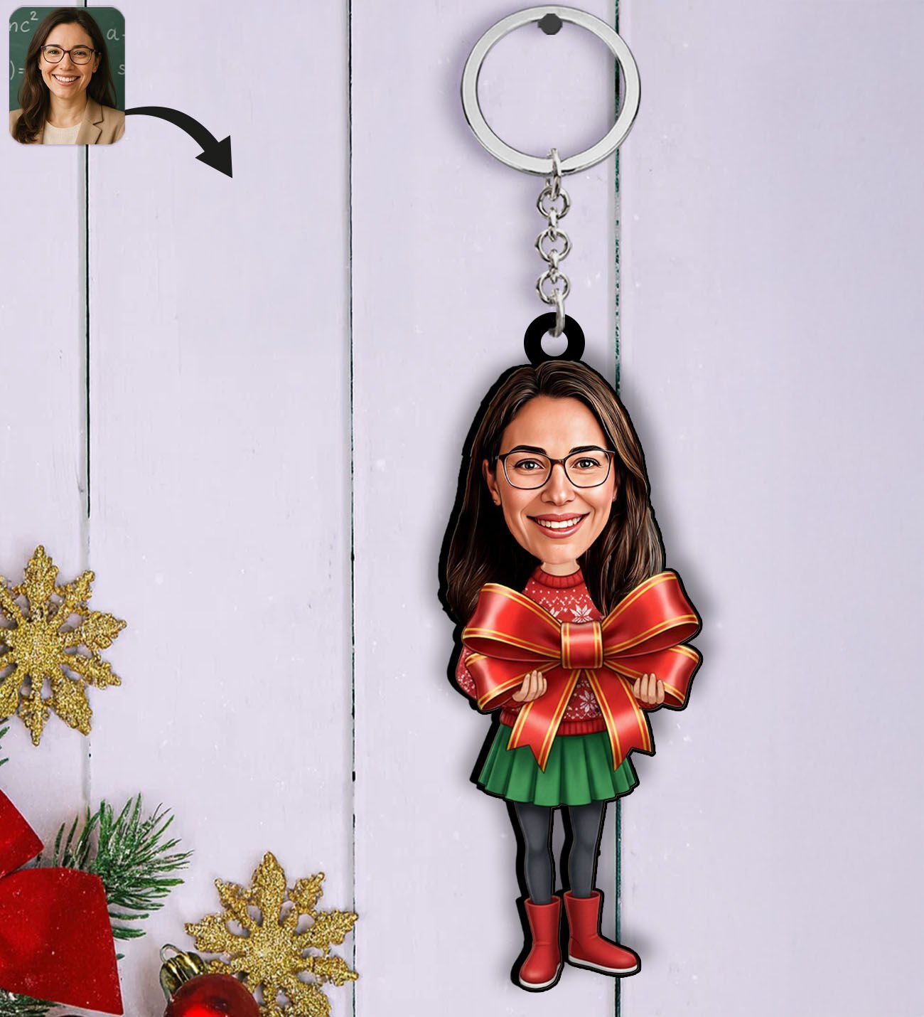 BK Gift Kişiye Özel Kadın Yılbaşı Karikatürlü Ahşap Anahtarlık -15, Yeni Yıl Hediyesi, Yılbaşı Hediyesi