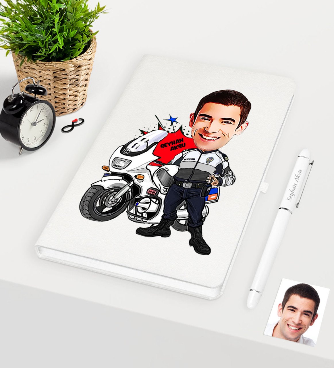 Kişiye Özel Bay Yunus Polis Karikatürlü Beyaz Defter Kalem Seti