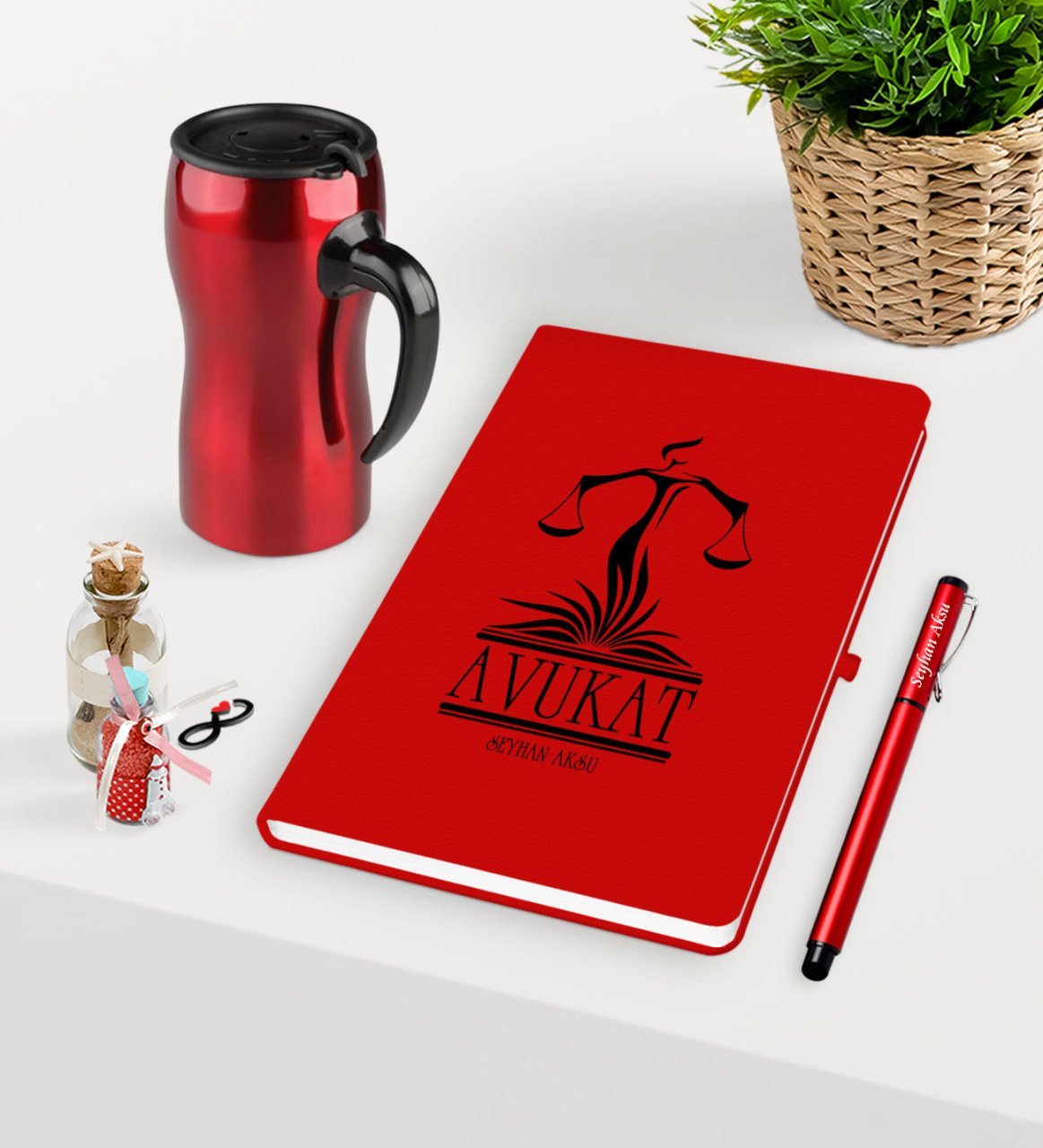 Kişiye Özel Avukat Temalı Kırmızı Defter Kalem ve Termos Mug Seti  - 5