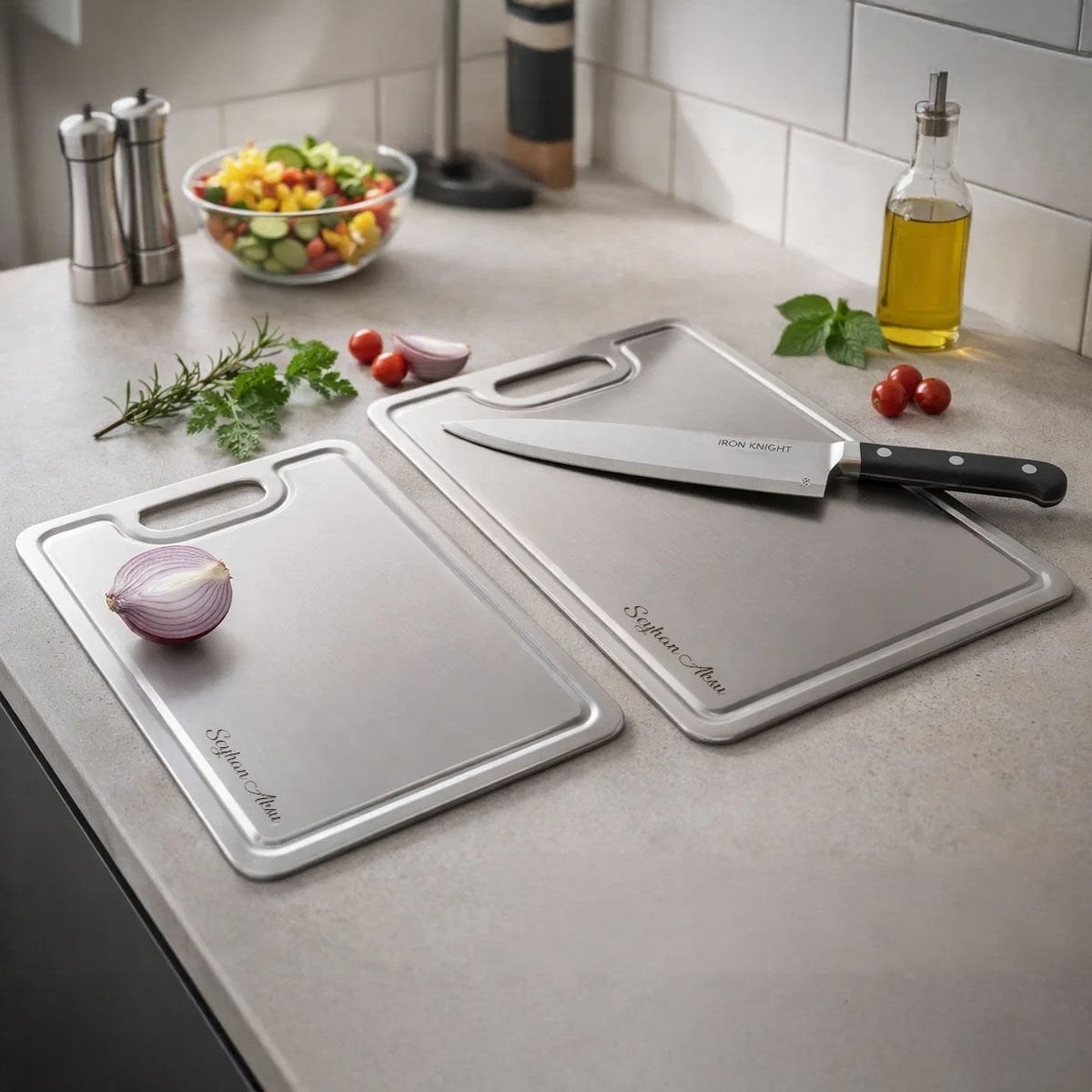 BK Gift Kişiye Özel 2 Boy Paslanmaz Çelik Kesme Tahtası 23x34 cm - 20x30 cm, Ev Hediyesi