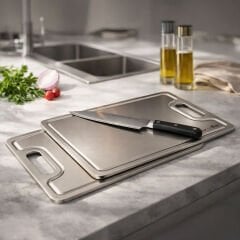 BK Gift Kişiye Özel 2 Boy Paslanmaz Çelik Kesme Tahtası 23x34 cm - 20x30 cm, Ev Hediyesi