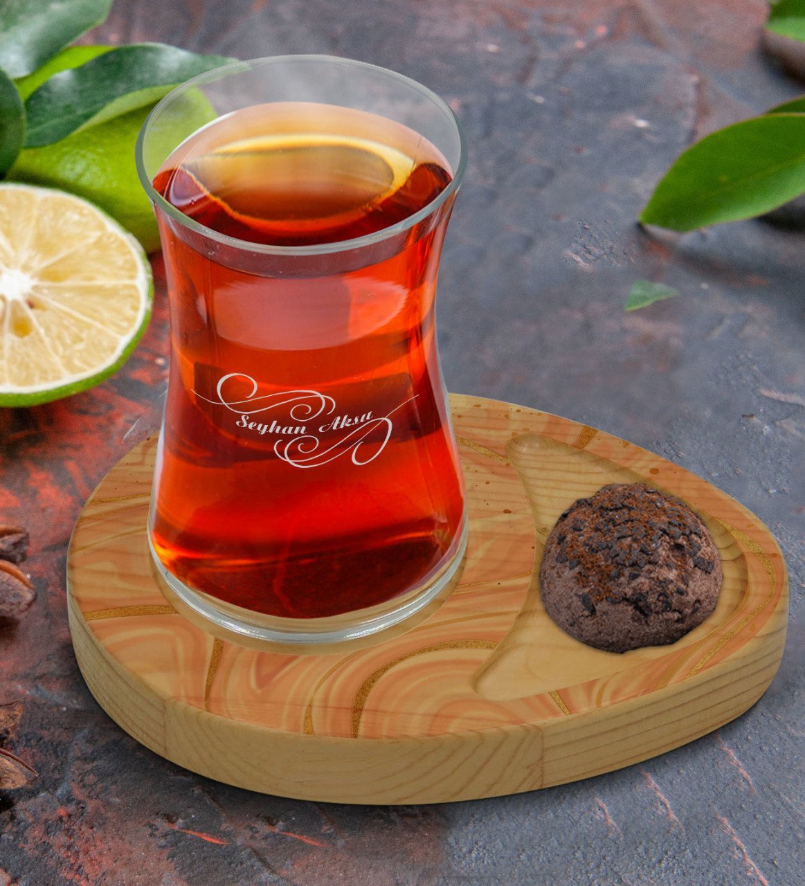 Kişiye Özel Mermer Tasarımlı Doğal Ahşap Tabaklı Heybeli Çay Bardağı Sunum Seti Model 3