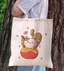 BK Gift Kedi Tasarımlı Kanvas Bez Çanta, Baskılı Omuz Çantası, Alışveriş Çantası, Plaj Çantası, Arkadaşa Hediye-9
