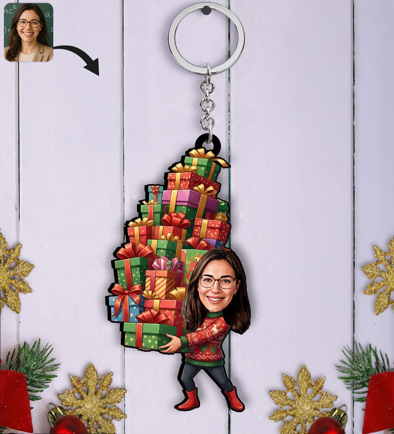 BK Gift Kişiye Özel Kadın Yılbaşı Karikatürlü Ahşap Anahtarlık -16, Yeni Yıl Hediyesi, Yılbaşı Hediyesi