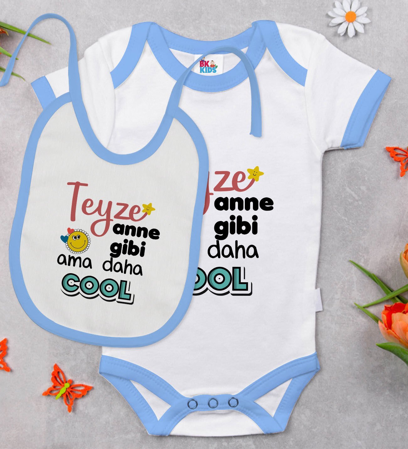 BK Kids Teyze Anne Gibi Tasarımlı Mavi Bebek Body Zıbın ve Mama Önlüğü Hediye Seti-1