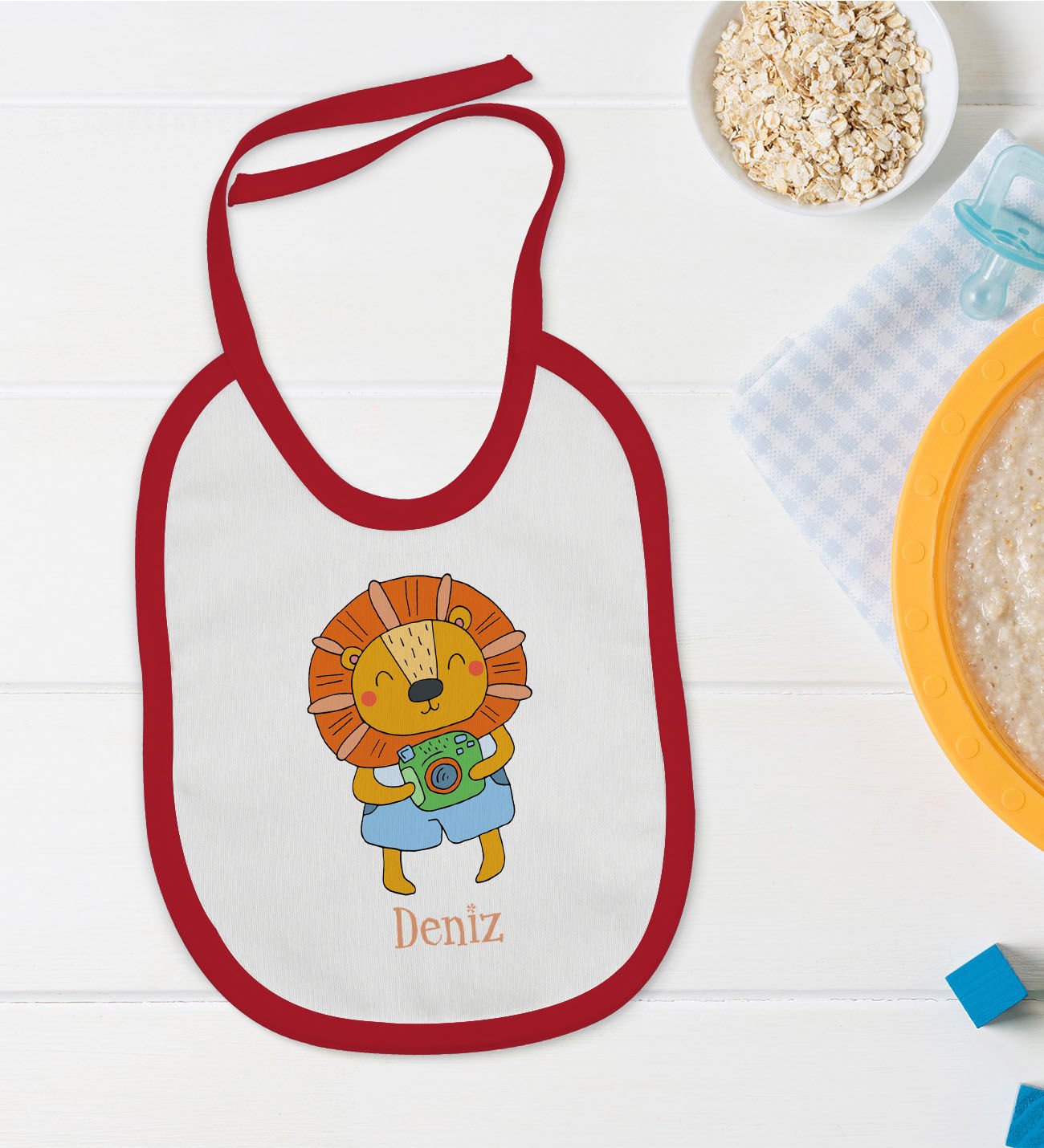 BK Kids Kişiye Özel İsimli Kırmızı Bebek Mama Önlüğü-23