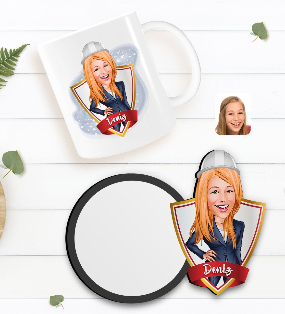 Kişiye Özel Kadın Mühendis Karikatürlü Beyaz Kupa ve Ahşap Bardak Altlığı Hediye Seti-1