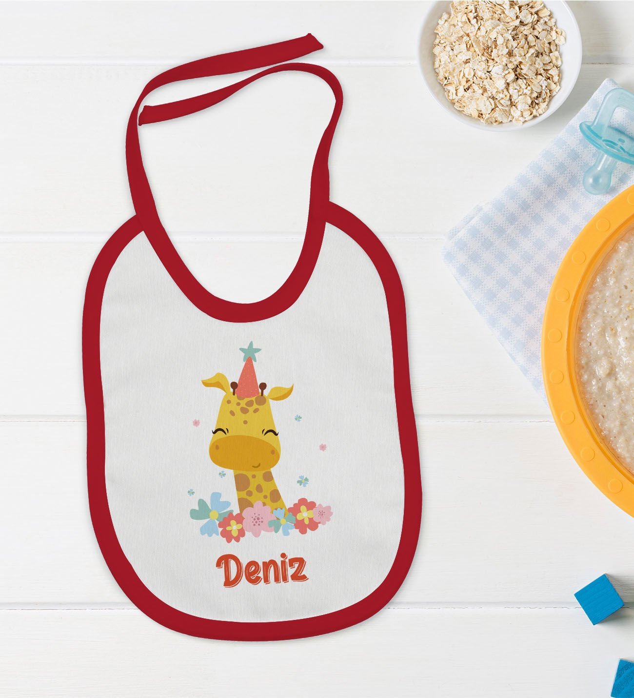 BK Kids Kişiye Özel İsimli Kırmızı Bebek Mama Önlüğü-24