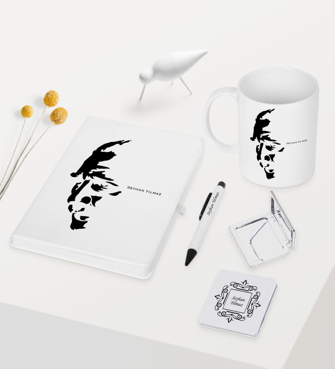 Kişiye Özel Atatürk Temalı Beyaz Defter Kalem Kupa Ayna Seti - 7
