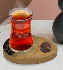 Kişiye Özel Mermer Tasarımlı Doğal Ahşap Tabaklı Heybeli Çay Bardağı Sunum Seti Model 7