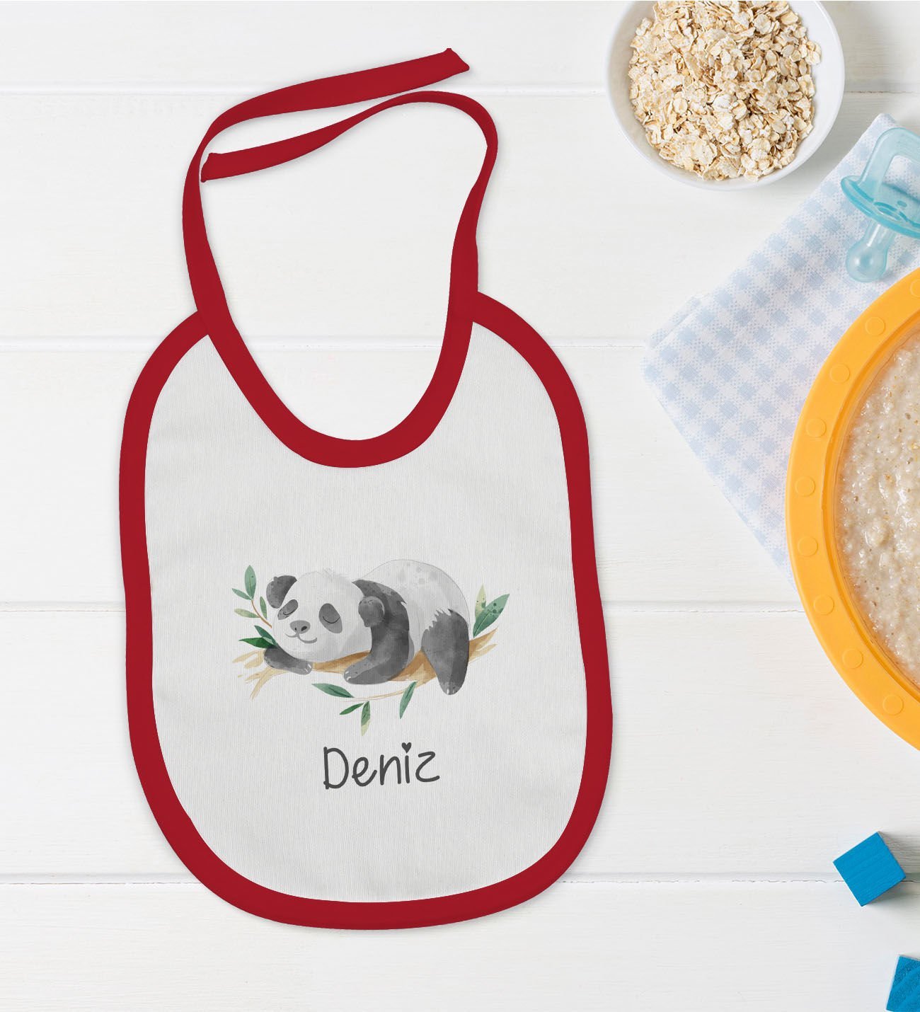 BK Kids Kişiye Özel İsimli Kırmızı Bebek Mama Önlüğü-25