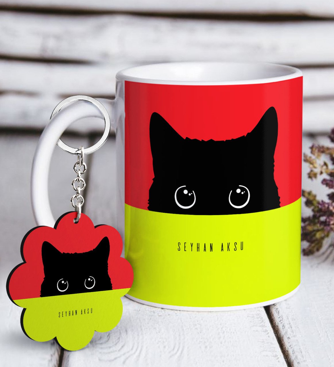 Kişiye Özel Sevimli Kedi Beyaz Kupa ve Anahtarlık Hediye Seti-7