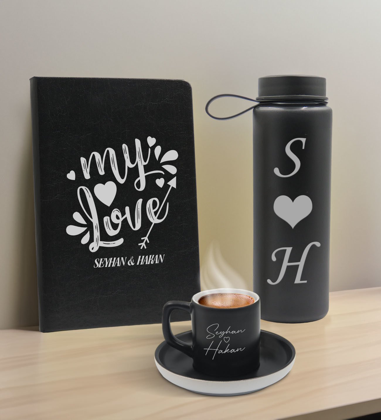 BK Gift Sevgiliye Özel İsimli Siyah Defter, Cam Matara ve Türk Kahvesi Fincanı Hediye Seti-9,  Sevgiliye Hediye, Sevgililer Günü, Yeni İş Hediyesi