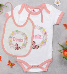 BK Kids Kişiye Özel İsimli Pembe Bebek Body Zıbın ve Mama Önlüğü Hediye Seti-24