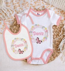 BK Kids Kişiye Özel İsimli Pembe Bebek Body Zıbın ve Mama Önlüğü Hediye Seti-24