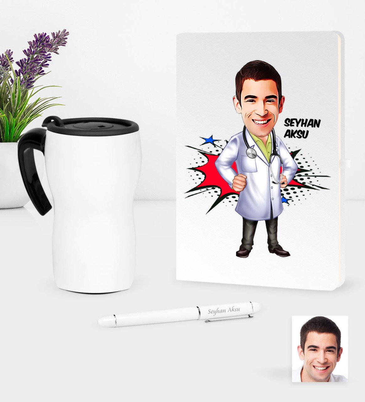 Kişiye Özel Bay Doktor Karikatürlü Beyaz Defter Kalem ve Termos Mug Seti - 2