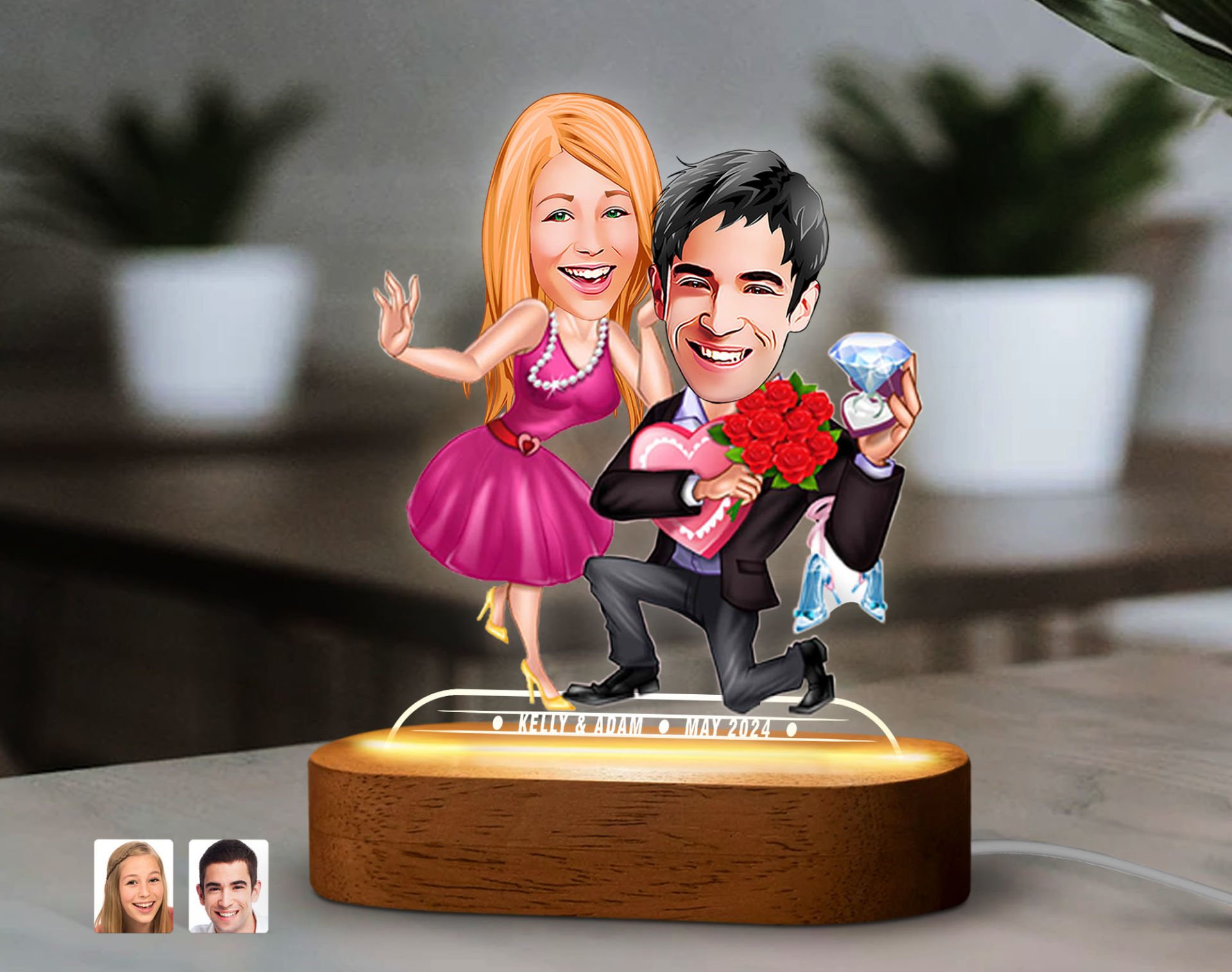 BK Gift Kişiye Özel Sevgili Karikatürlü Dekoratif 3D Biblo LED Işıklı Gece Lambası-9, Sevgiliye Hediye, Yıl Dönümü Hediyesi