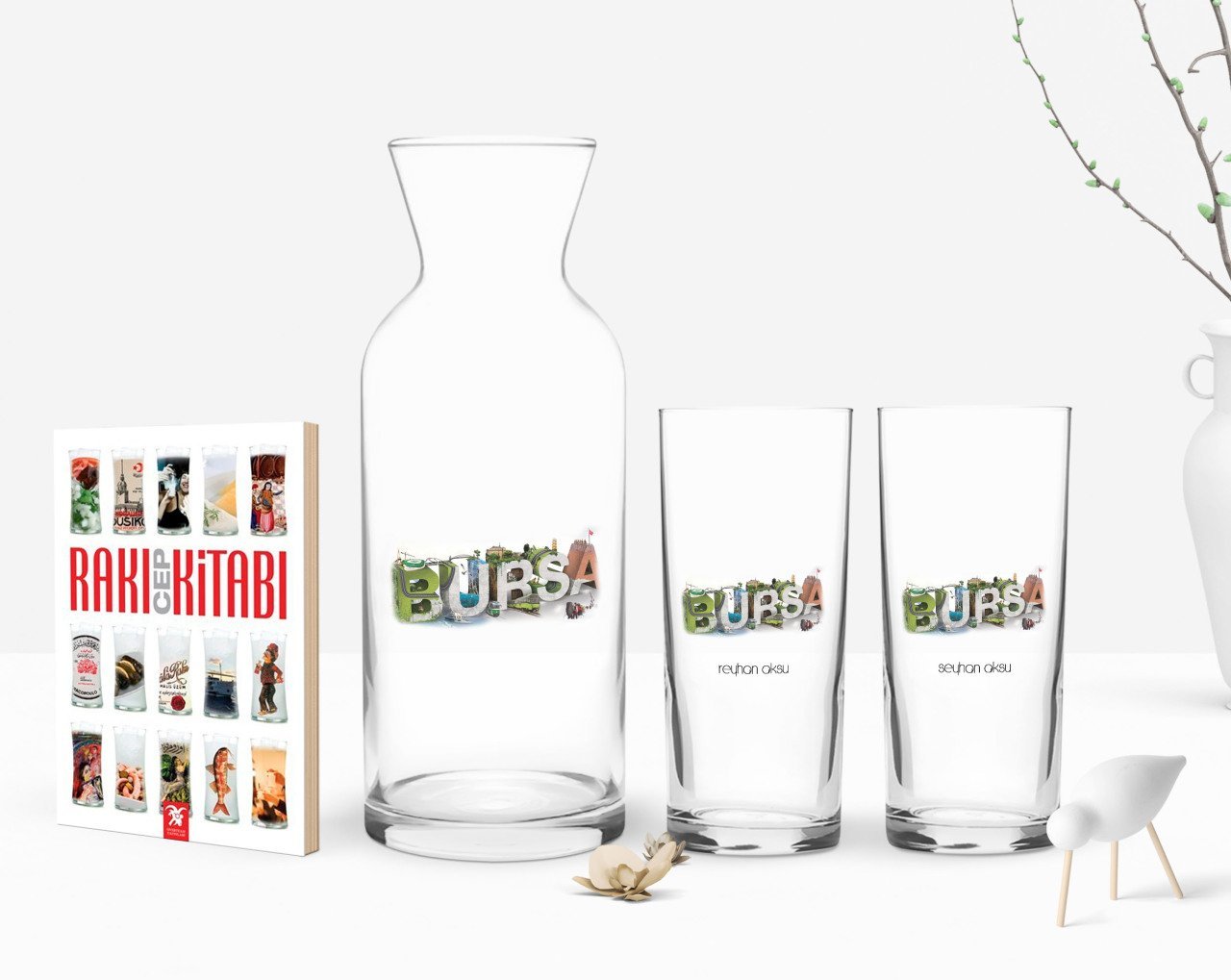 Kişiye Özel Renkli Baskılı Bursa Tasarımlı Turistik İkili Rakı Bardağı Karaf ve Cep Kitabı Hediye Seti-1