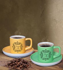 BK Gift Kişiye Özel İsimli Sarı ve Yeşil Renk İkili Türk Kahvesi Fincan Seti-1, Ev Hediyesi, Arkadaşa Hediye, Doğum Günü Hediyesi
