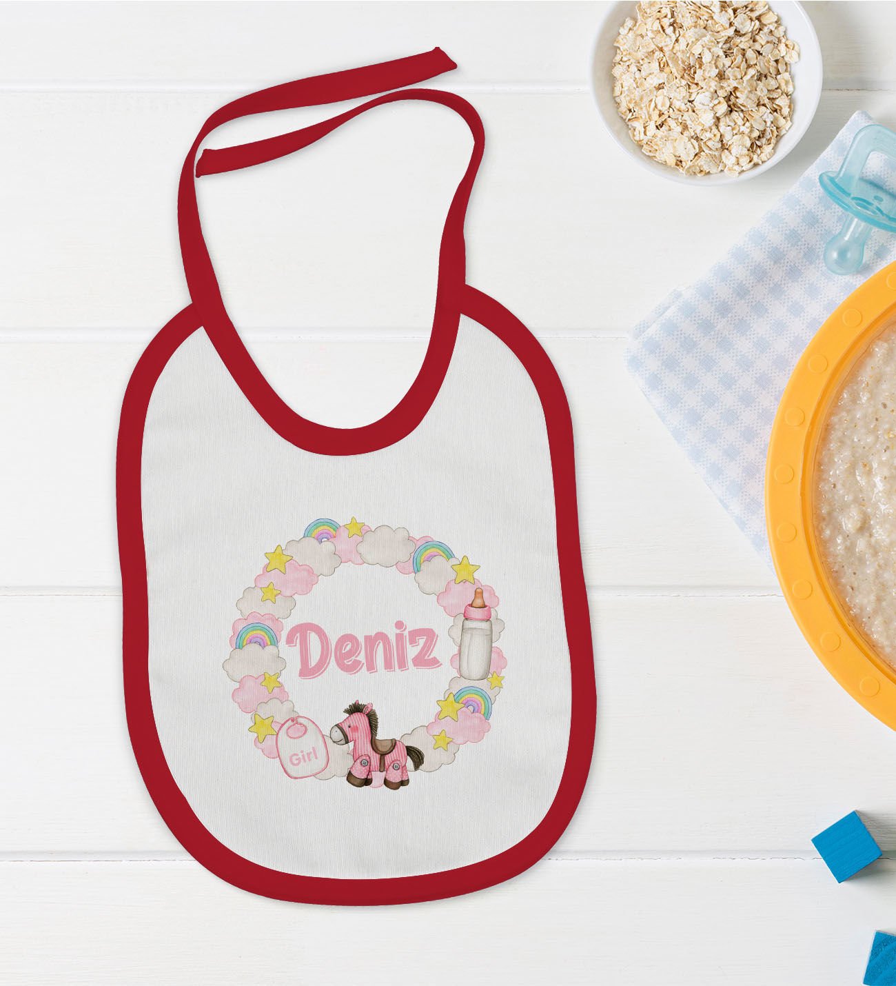 BK Kids Kişiye Özel İsimli Kırmızı Bebek Mama Önlüğü-27