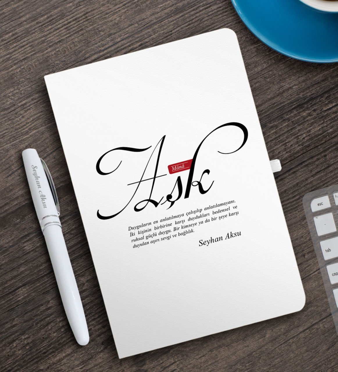 Kişiye Özel Mânâ Aşk Beyaz Defter ve Kalem Hediye Seti