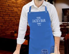 BK Gift Kişiye Özel İsimli Tarihli Bar Tasarımlı Profesyonel Mavi Mutfak Önlüğü, Aşçı Önlüğü, Şef Önlüğü, Arkadaşa Hediye-7