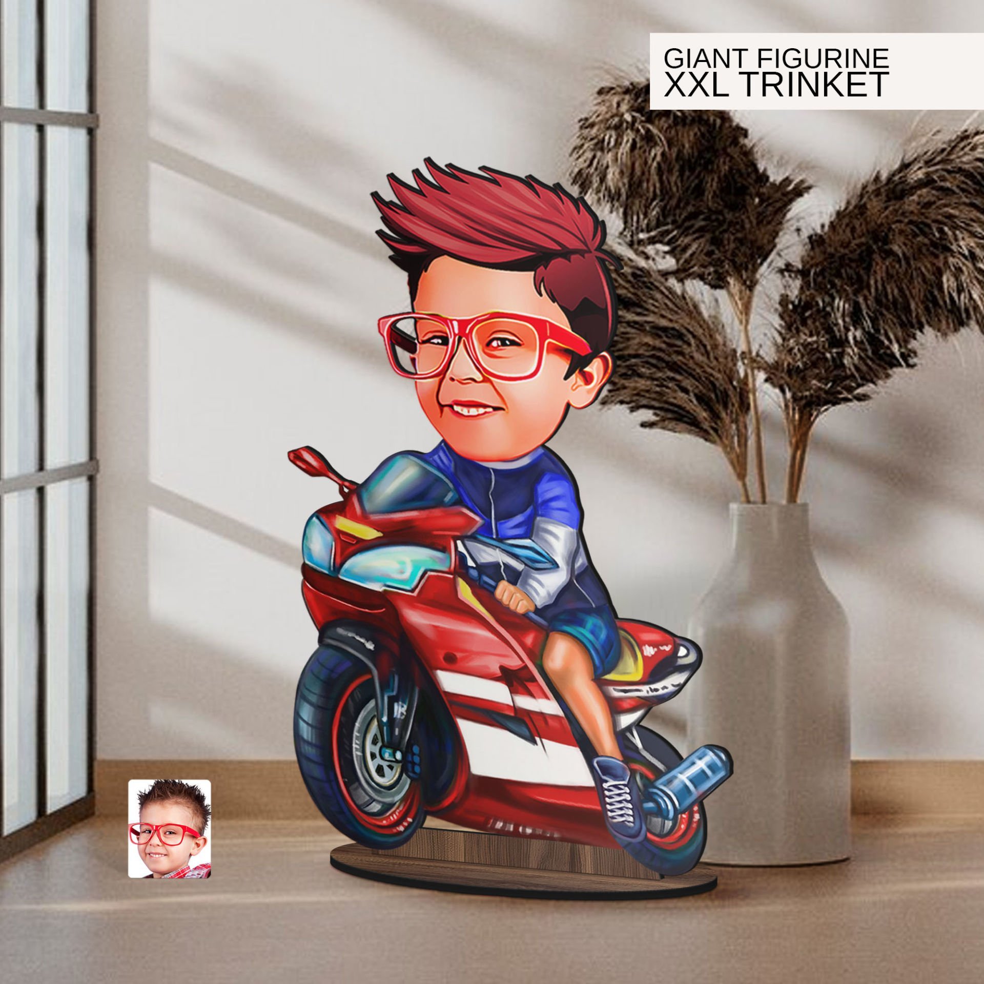 BK Gift Kişiye Özel Motorcu Çocuk Karikatürlü Büyük Boy Ahşap Biblo-1 Arkadaşa Hediye , Sevgiliye Hediye, Kişiye Özel Biblolar