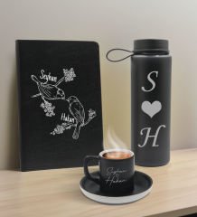 BK Gift Sevgiliye Özel İsimli Siyah Defter, Cam Matara ve Türk Kahvesi Fincanı Hediye Seti-6,  Sevgiliye Hediye, Sevgililer Günü, Yeni İş Hediyesi