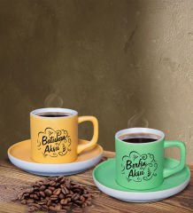 BK Gift Kişiye Özel İsimli Sarı ve Yeşil Renk İkili Türk Kahvesi Fincan Seti-6, Ev Hediyesi, Arkadaşa Hediye, Doğum Günü Hediyesi