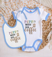 BK Kids Mommy Needs Her Coffee Tasarımlı Mavi Bebek Body Zıbın ve Mama Önlüğü Hediye Seti-1