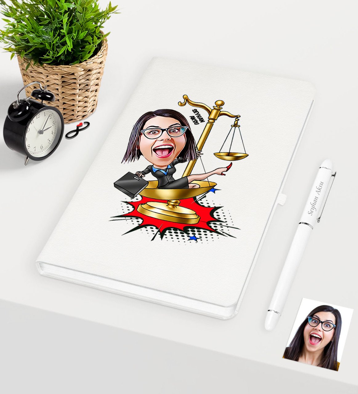 Kişiye Özel Bayan Avukat Karikatürlü Beyaz Defter Kalem Seti - 4