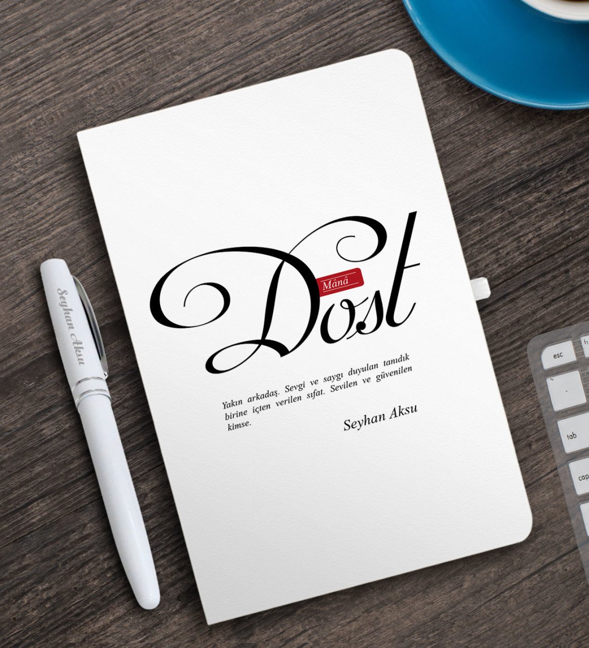 Kişiye Özel Mânâ Dost Beyaz Defter ve Kalem Hediye Seti