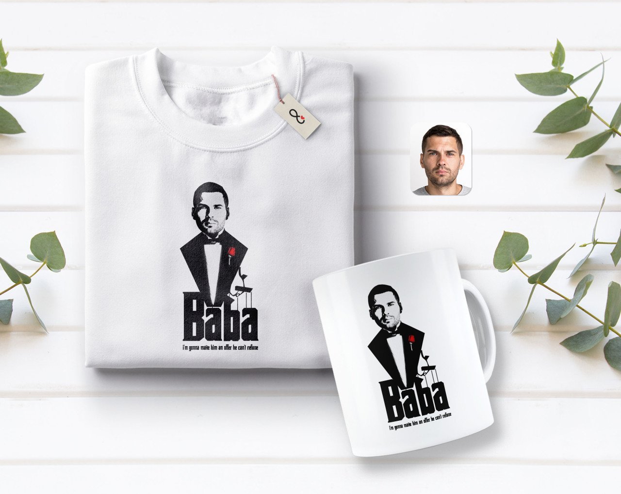 Kişiye Özel Godfather Baba Tasarımlı Beyaz Tişört ve Kupa Seti-3