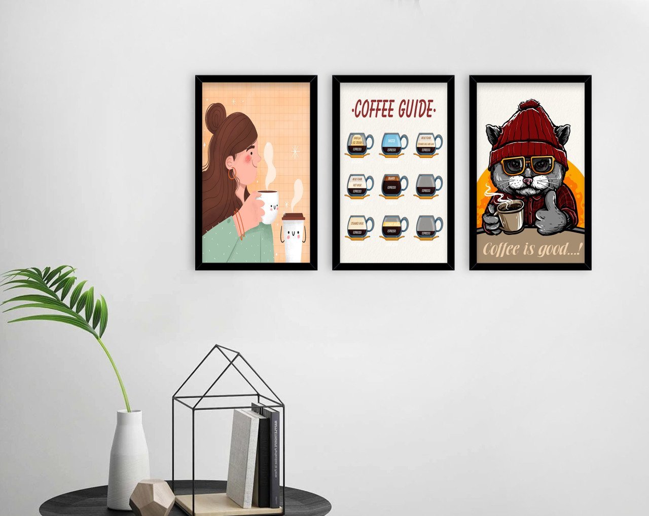 BK Home Coffee Tasarımlı Dekoratif 3’lü Ahşap Siyah Çerçeveli Tablo-10