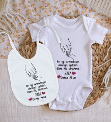 BK Kids Kişiye Özel En İyi Arkadaşın Olmaya Geldim Tasarımlı Bebek Body Zıbın ve Mama Önlüğü Hediye Seti - Model 1