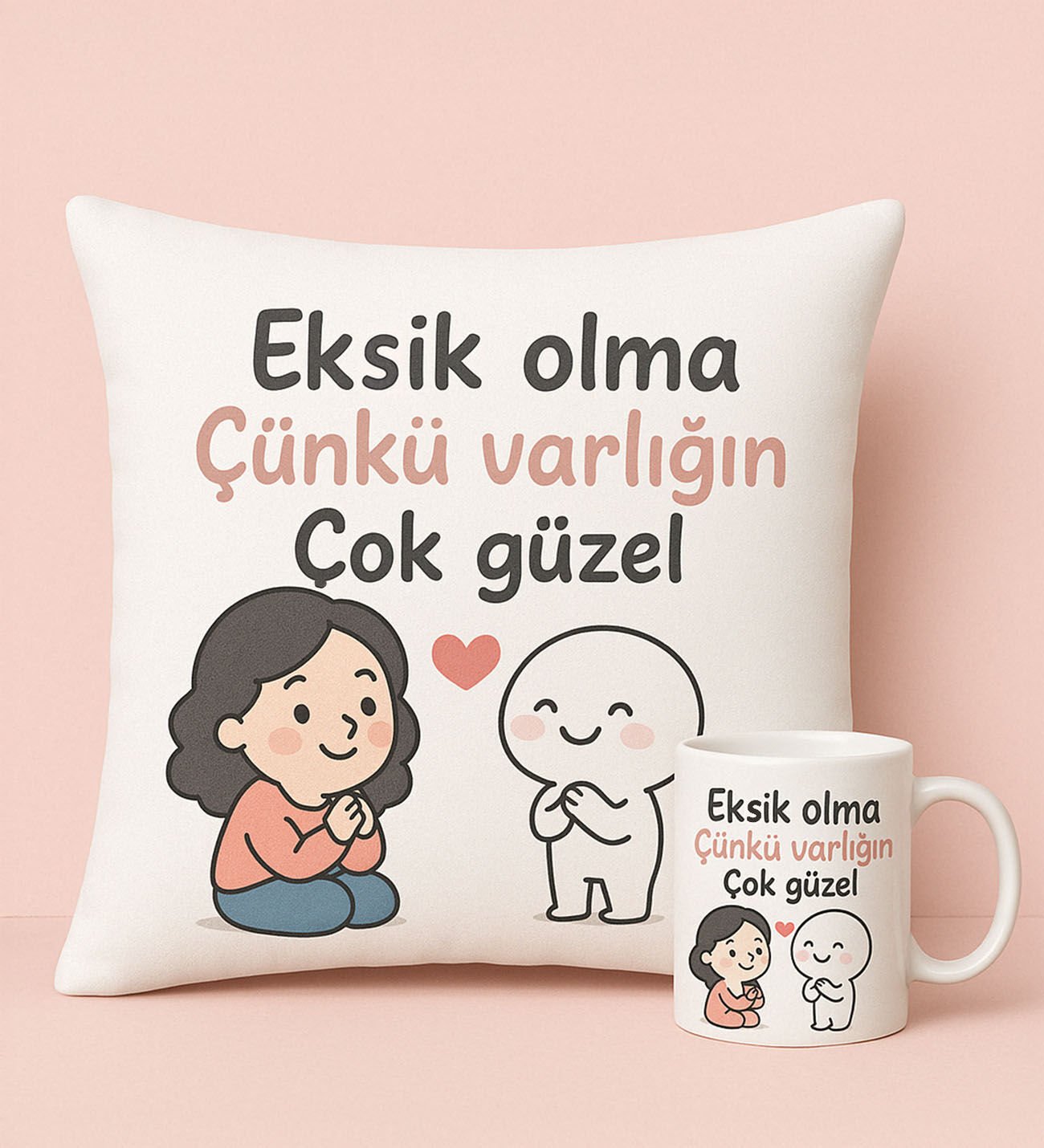 BK Gift Varlığın Çok Güzel Tasarımlı Beyaz Kırlent Yastık&Beyaz Kupa Bardak-1, Doğum Günü Hediyesi, Anneye Hediye, Sevgiliye Hediye, Anneler Günü Hediyesi